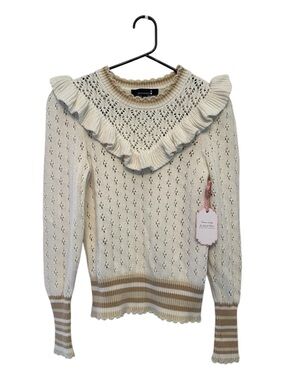 NWT Nanette Lepore Cream Ruffle Cottagecore Open-Knit Sweater Size Small